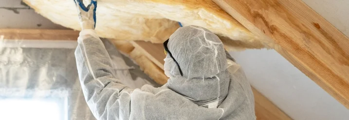 Person dämmt Dach mit Dämmwolle